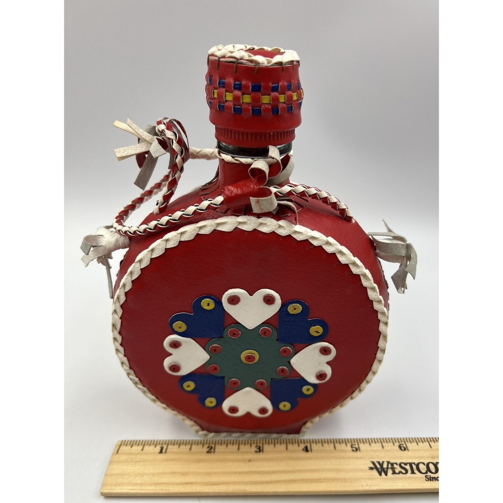 Vintage Leather Wrapped Decanter Bottle Hearts Red Folk Art Braid Art - Picture 10 of 11